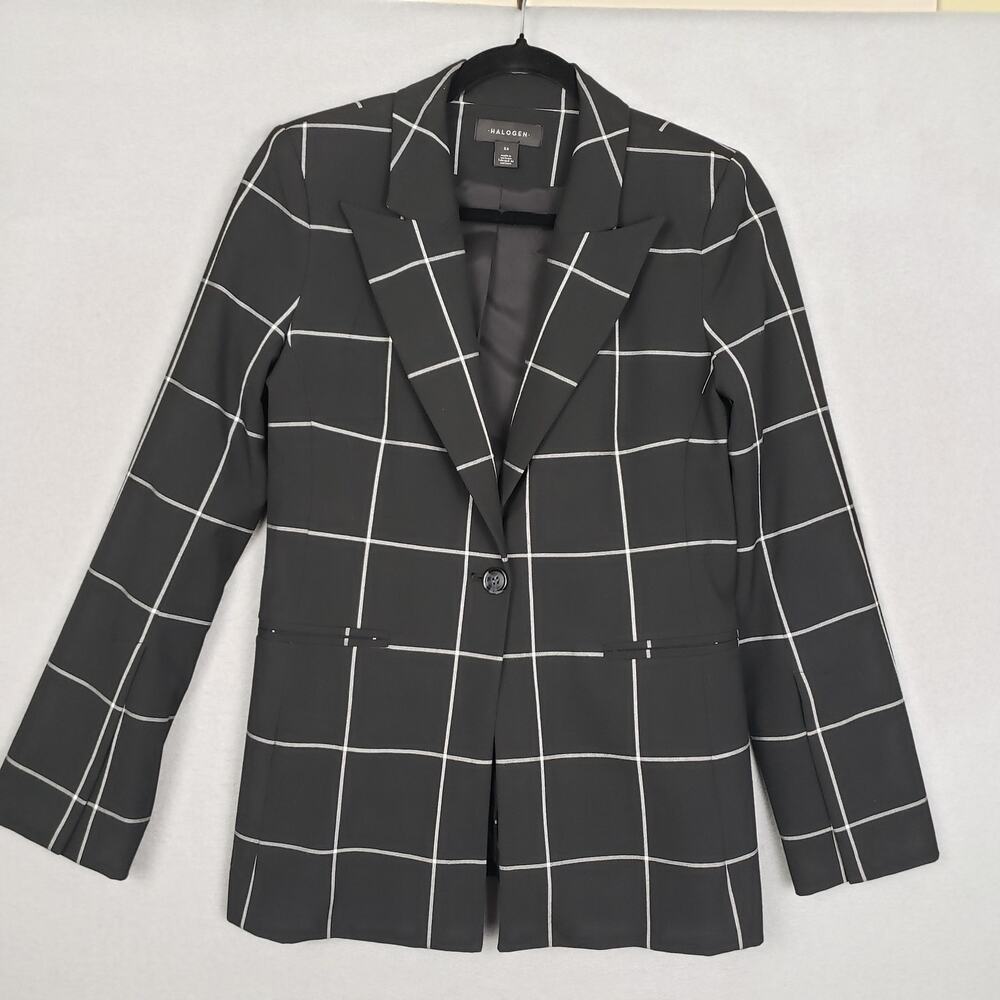 Halogen Womens Size XS Windowpane Plaid Blazer Jacket Black Preppy Blair Waldorf
